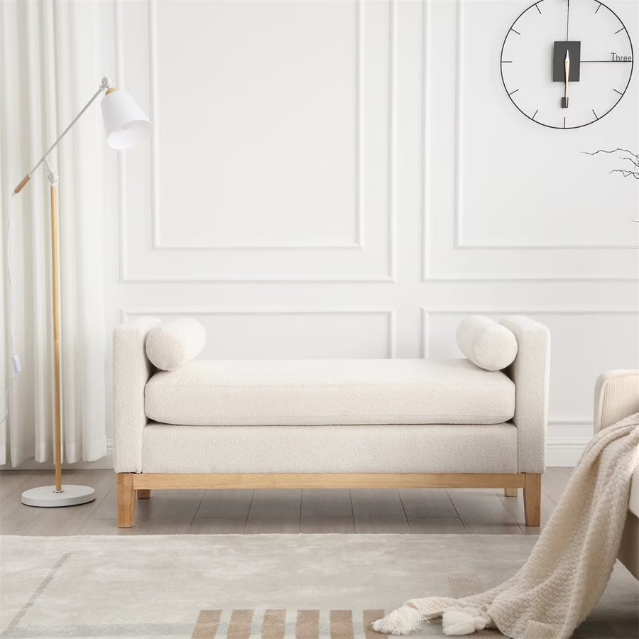 53.5"w Elegant Upholstered Bench with Wood Legs & Round Pillows, Comfy Boucle Fabric Footrest with Arms, Entryway Bench for End of Bed, Bedroom and Living Room, Ivory