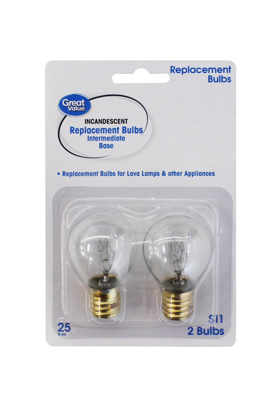 Great Value Incandescent S11 Replacement Bulb 25 Watt 2pk