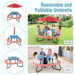 8-Person Kids Picnic Table Bench Set with Removable & Foldable Umbrella, Toddler Outdoor HDPE Activity Table and Chair Set for Backyard Patio