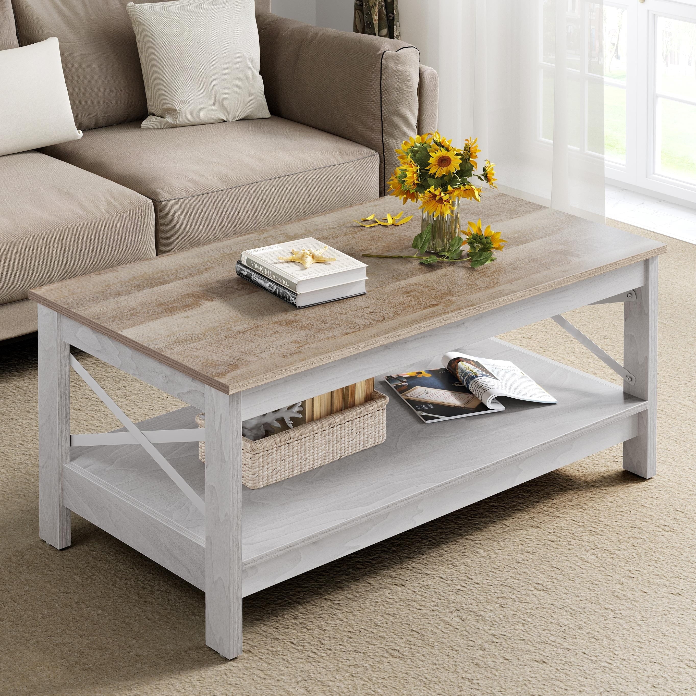 Moasis Farmhouse Coffee Table with Storage 2 - Tier Center Table for Living Room Grey Wash Top+White