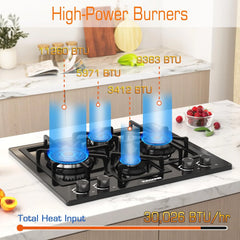 24 in Black Gas Cooktop - Built - in Dual Fuel Natural Gas & Propane Stove - 4 Burner Convertible Cooktop with Thermocouple Protection