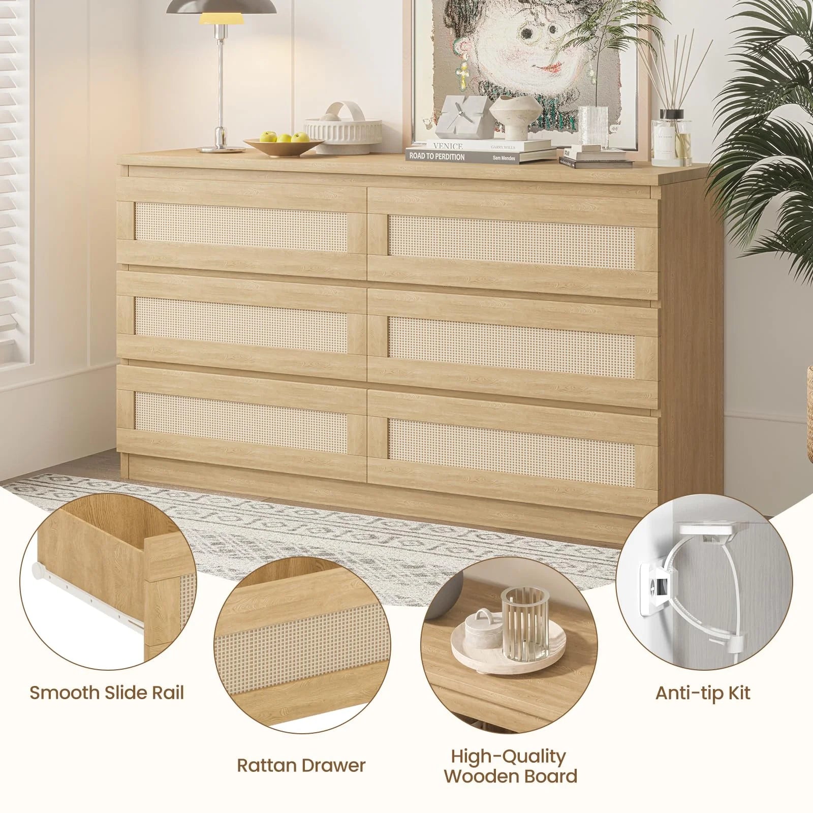 Garvee Rattan Dresser for Bedroom 6 Drawer, Double Dresser with Anti - Tip Kit, Wood Storage Wide Chest of Drawers for Bedroom, Living Room, Hallway, Oak Color