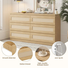 Garvee Rattan Dresser for Bedroom 6 Drawer, Double Dresser with Anti - Tip Kit, Wood Storage Wide Chest of Drawers for Bedroom, Living Room, Hallway, Oak Color