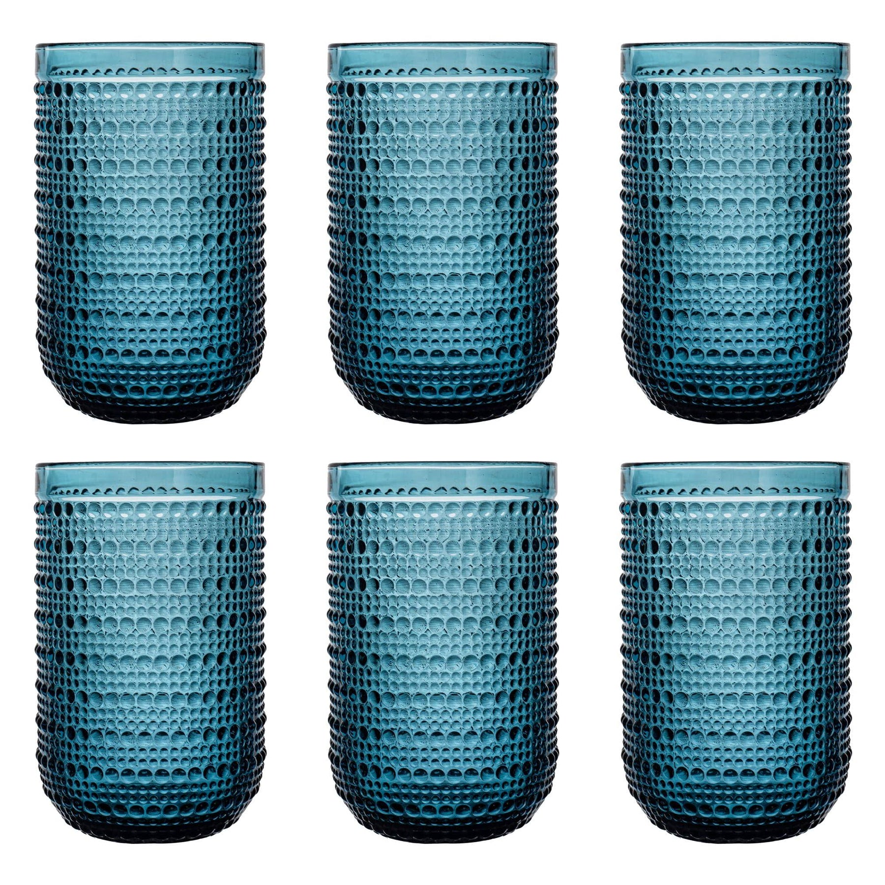 Bandesun Blue Vintage Highball Glasses Set of 6, 15 oz Hobnail Glassware, Embossed Romantic Drinking Glasses for Beer, Cocktail, Soda, Beverage