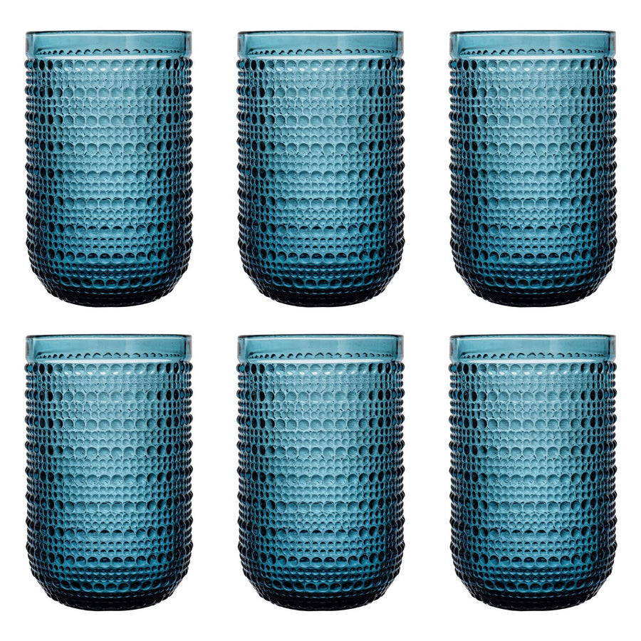Bandesun Blue Vintage Highball Glasses Set of 6, 15 oz Hobnail Glassware, Embossed Romantic Drinking Glasses for Beer, Cocktail, Soda, Beverage