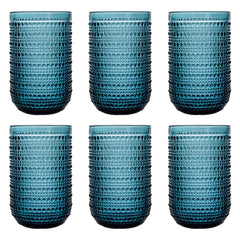 Bandesun Blue Vintage Highball Glasses Set of 6, 15 oz Hobnail Glassware, Embossed Romantic Drinking Glasses for Beer, Cocktail, Soda, Beverage