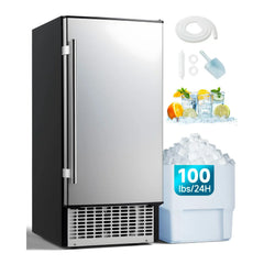 AECOJOY 15''W Commercial Ice Maker 100 lbs/24H, Stainless Steel Under Counter Ice Machine with 30 lbs Storage Bin