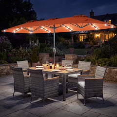 Tangkula 9 Pieces Rattan Outdoor Dining Set with 13Ft Solar Patio Umbrella