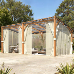 AECOJOY 20x10 Outdoor Wooden Pergola Gazebo with Curtains and Netting for Patio