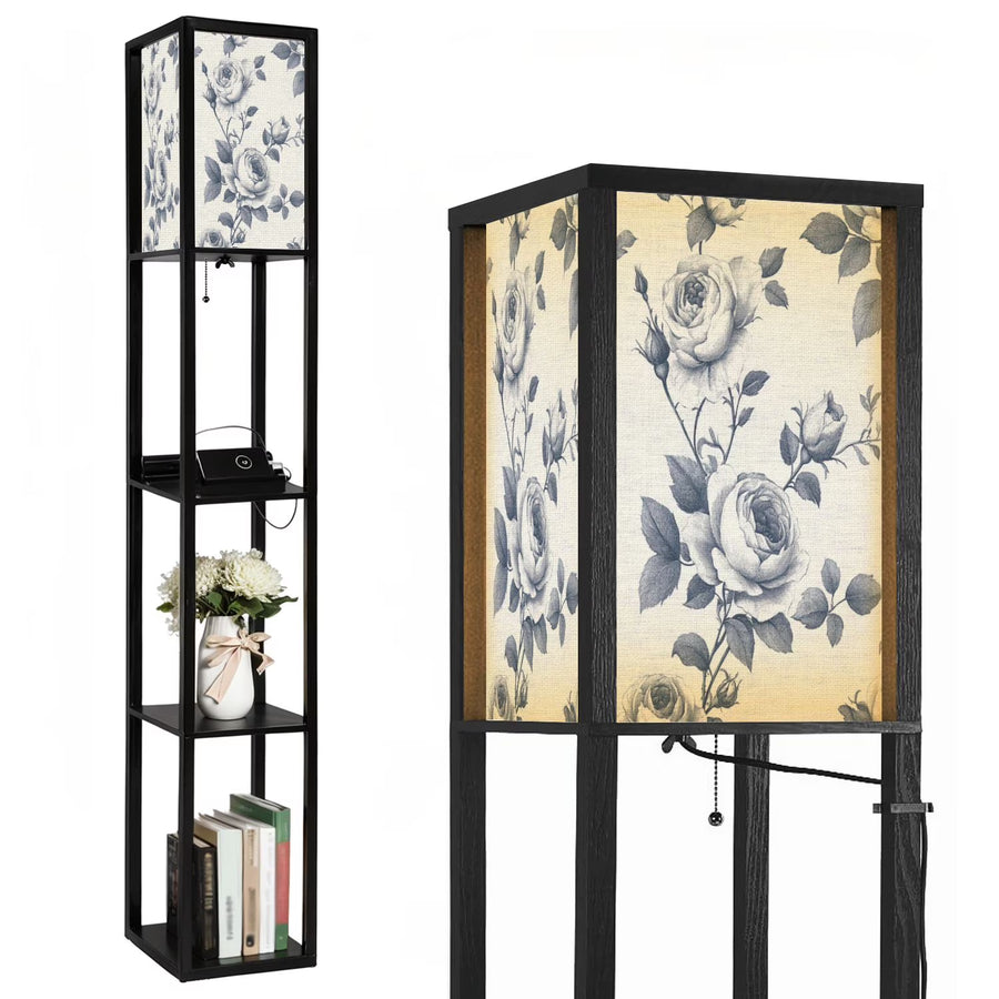 Floor Lamp with Shelves, Modern Dimmable Standing Lamp Floral Corner Display Bookshelf Lamp with 2 USB & 1 Power Outlet for Living Room & Bedroom