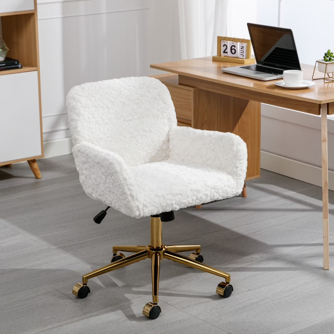 Furniture Office Chair, Artificial Rabbit Hair Makeup Vanity Chair Chair, 360 Comfy Swivel Armchair with Wheels, Modern Height Adjustable Cute Vanity Chair for Living Room Small Spaces Pink