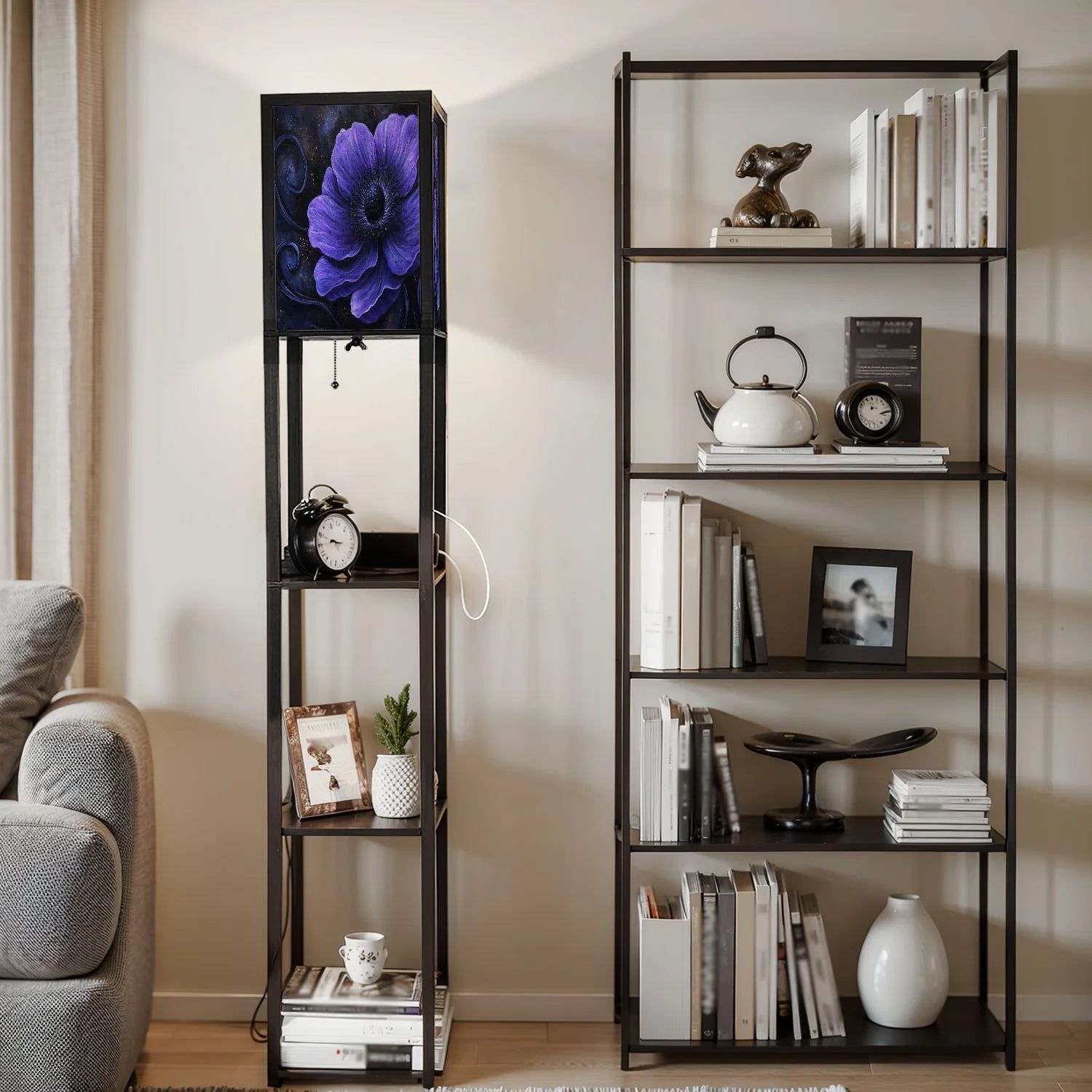 Floor Lamp with Shelves Corner Display Bookshelf Lamp for Living Room and Bedroom Purple Purple Wall Decor Purple Flower LED Modern Shelf Floor Lamp 3 Color Temperature