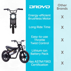 Droyd Weeler Electric Mini Bike - 24V 8ah Battery, 6 - 10 MPH, up to 8 Miles, LED Lights, Kids Ages 6+