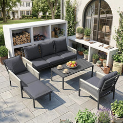 AECOJOY Aluminum Patio Furniture Set - 5 Seat Outdoor Sectional with Retractable Footrest Sofas & Coffee Table