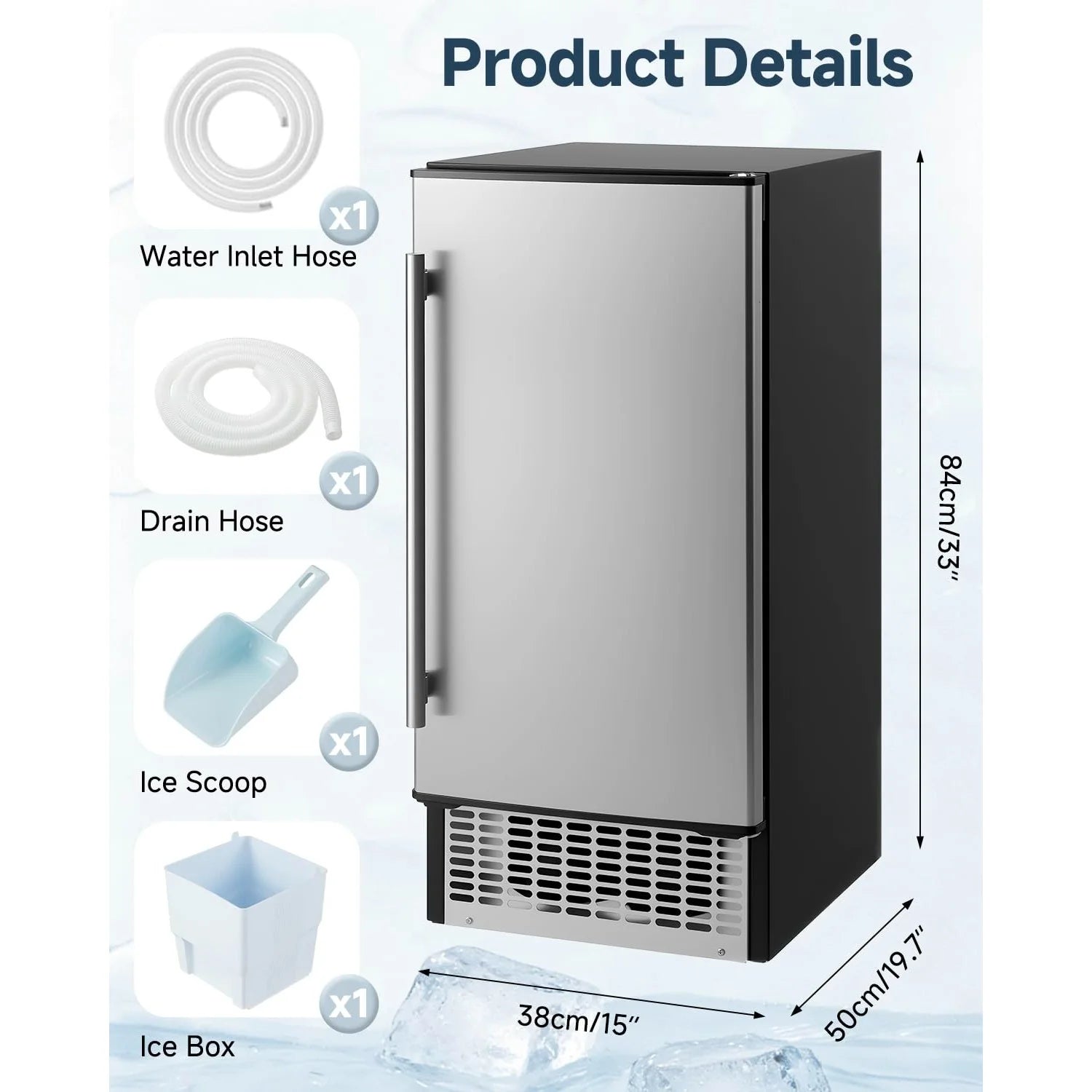 AECOJOY 15''W Commercial Ice Maker 100 lbs/24H, Stainless Steel Under Counter Ice Machine with 30 lbs Storage Bin