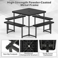 4-8 Person Outdoor Picnic Table Bench Set, All-Weather HDPE Square Dining Table with Umbrella Hole, 4 Benches & Metal Frame for Patio Backyard