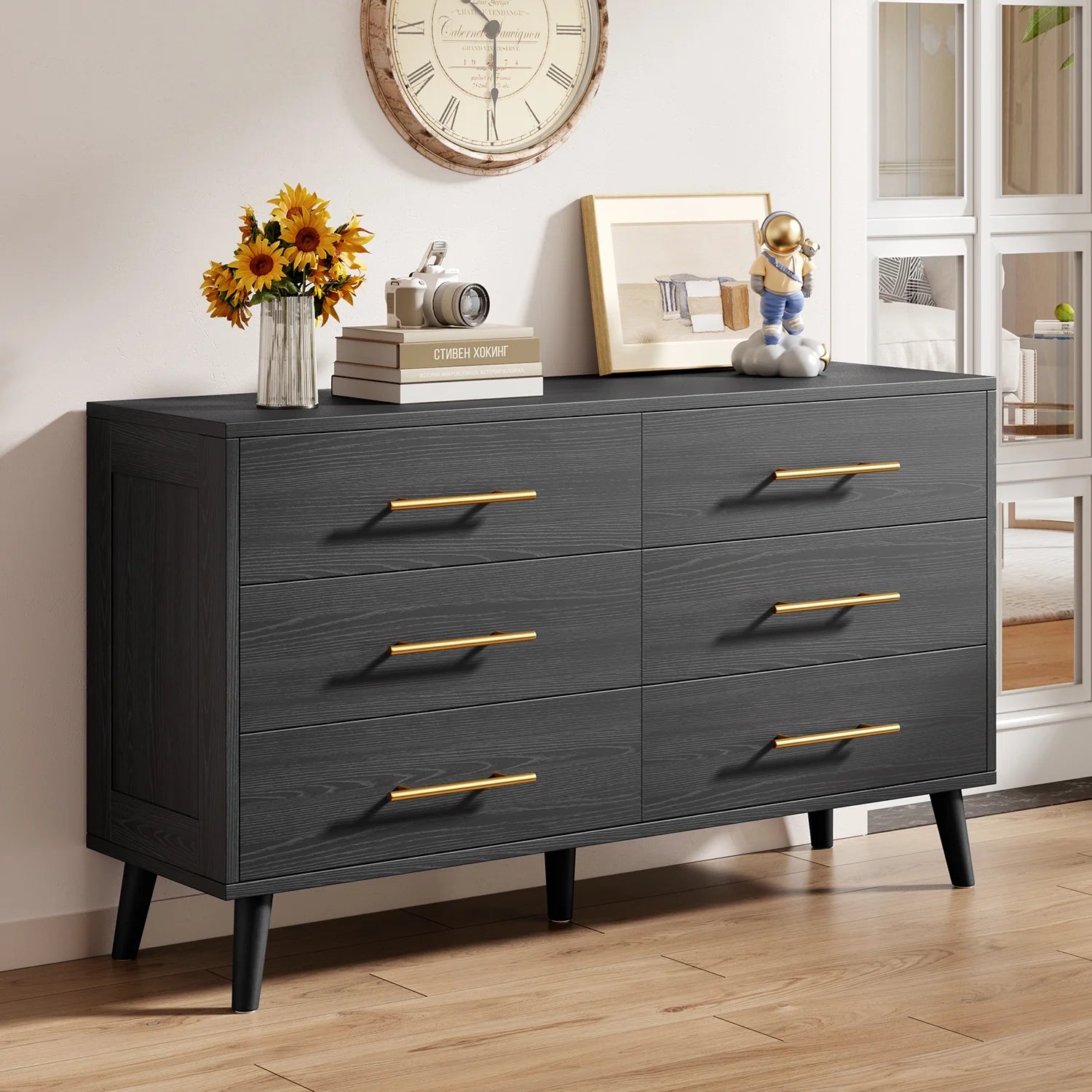 Bedroom Set - Includes Full Size Bed Frame (Dark Gray), Nightstands, 5 - Drawer Dresser & Double Wide 6 - Drawer Dresser - Modern Storage Solution for Stylish Home Decor, Black