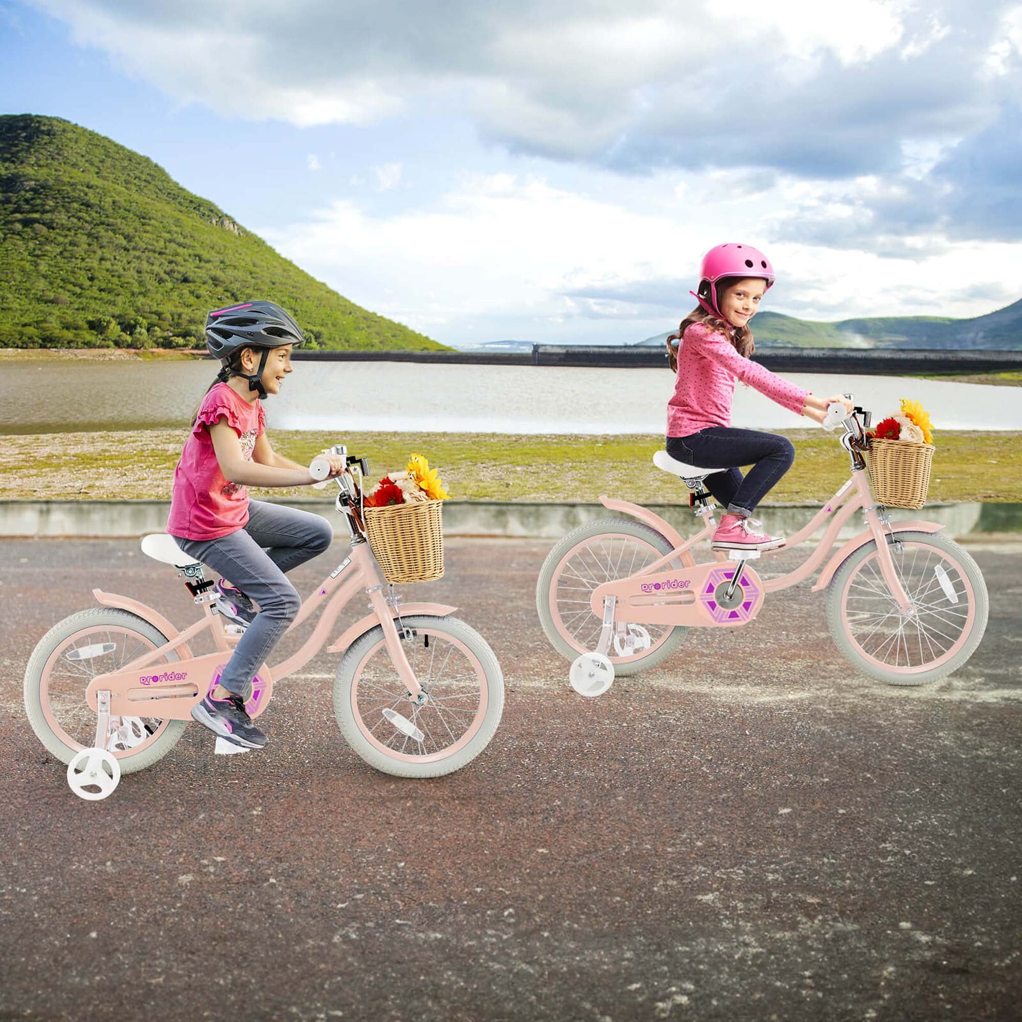 Prorider 16" Kid'S Bike with Training Wheels Adjustable Handlebar Seat Handbrake Pink