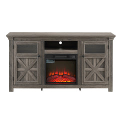 60" Farmhouse Fireplace TV Stand for Tvs up to 70 in, Entertainment Center with 18" Electric Fireplace, Rustic TV with Glass Barn Doors for Living Room, Adjustable Shelf