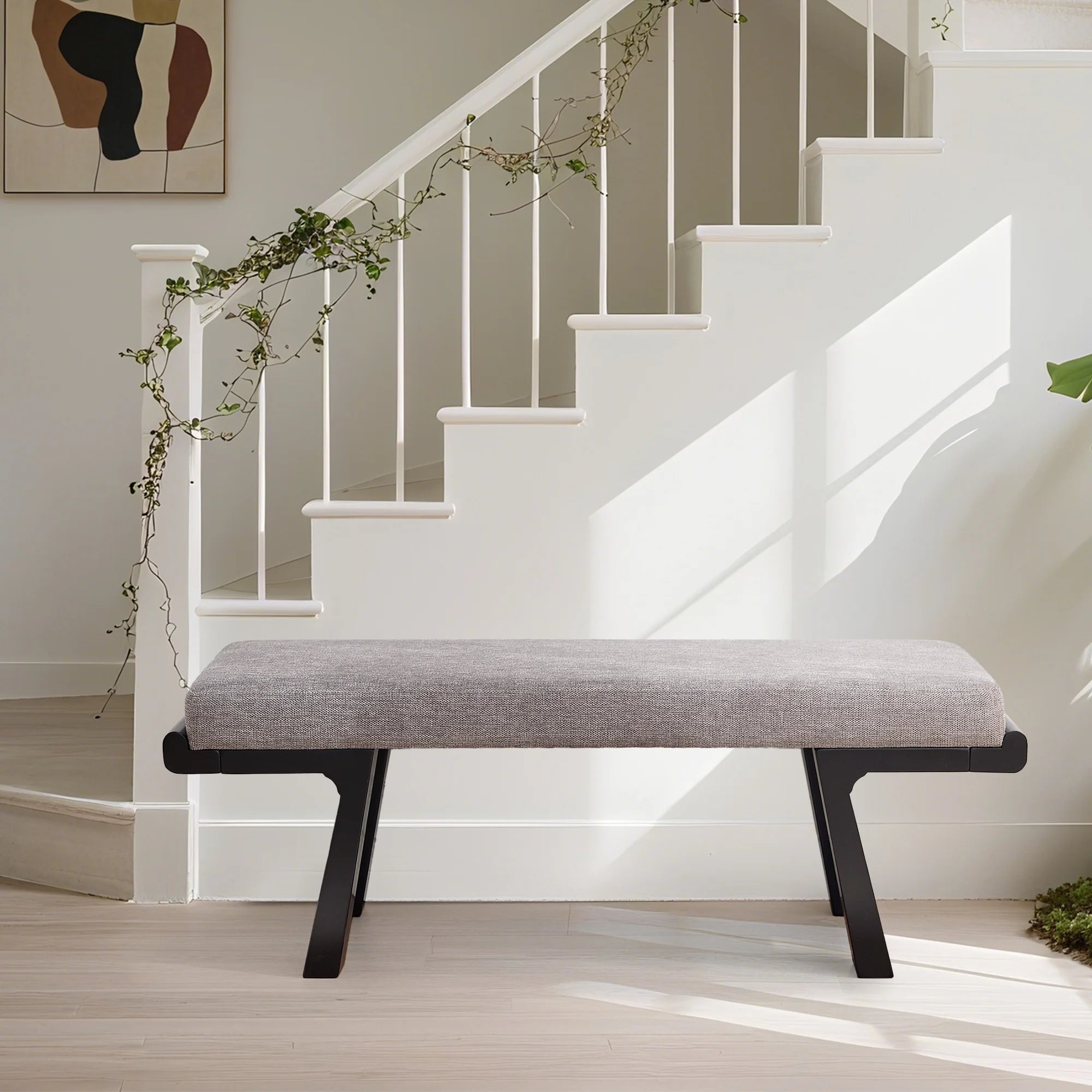 Zesthouse 47.4" Linen Upholstered Bench, Entryway Bench with Solid Wood Legs, Modern Ottoman Bench for Living Bedroom Room, Beige