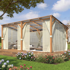 AECOJOY 20x10 Outdoor Wooden Pergola Gazebo with Curtains and Netting for Patio