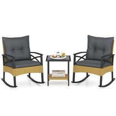 3 Piece Rattan Patio Rocking Bistro Set, Outdoor Wicker Rockers with Cushions & 2-Tier Tempered Glass Coffee Table for Porch, Balcony, Backyard