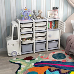 Truck-Shaped Kids Toy Storage Organizer with 11 Removable Bins, 2 Cabinets & Top Shelf, Toddler Bookshelf for Playroom & Kids Room