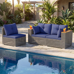 86.5" 3-Seat Patio Wicker Sofa, 3PCS Modular PE Rattan Sectional Furniture Set with Cup Holders & Wood Armrests, Outdoor Couch for Garden Yard