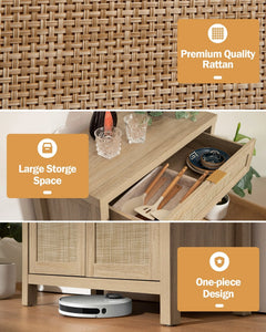 Nopurs Rattan Sideboard Buffet Cabinet Set of 2, Boho Storage Cabinet Buffet Table with Doors and Drawer, Coffee Bar Cabinet for Kitchen Entryway Living Dining Room, Light Oak