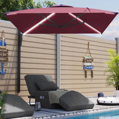 AECOJOY 10FT Large Patio Umbrella with Solar Lights, Rectangle Wall Mounted Outdoor Patio Umbrella, Red