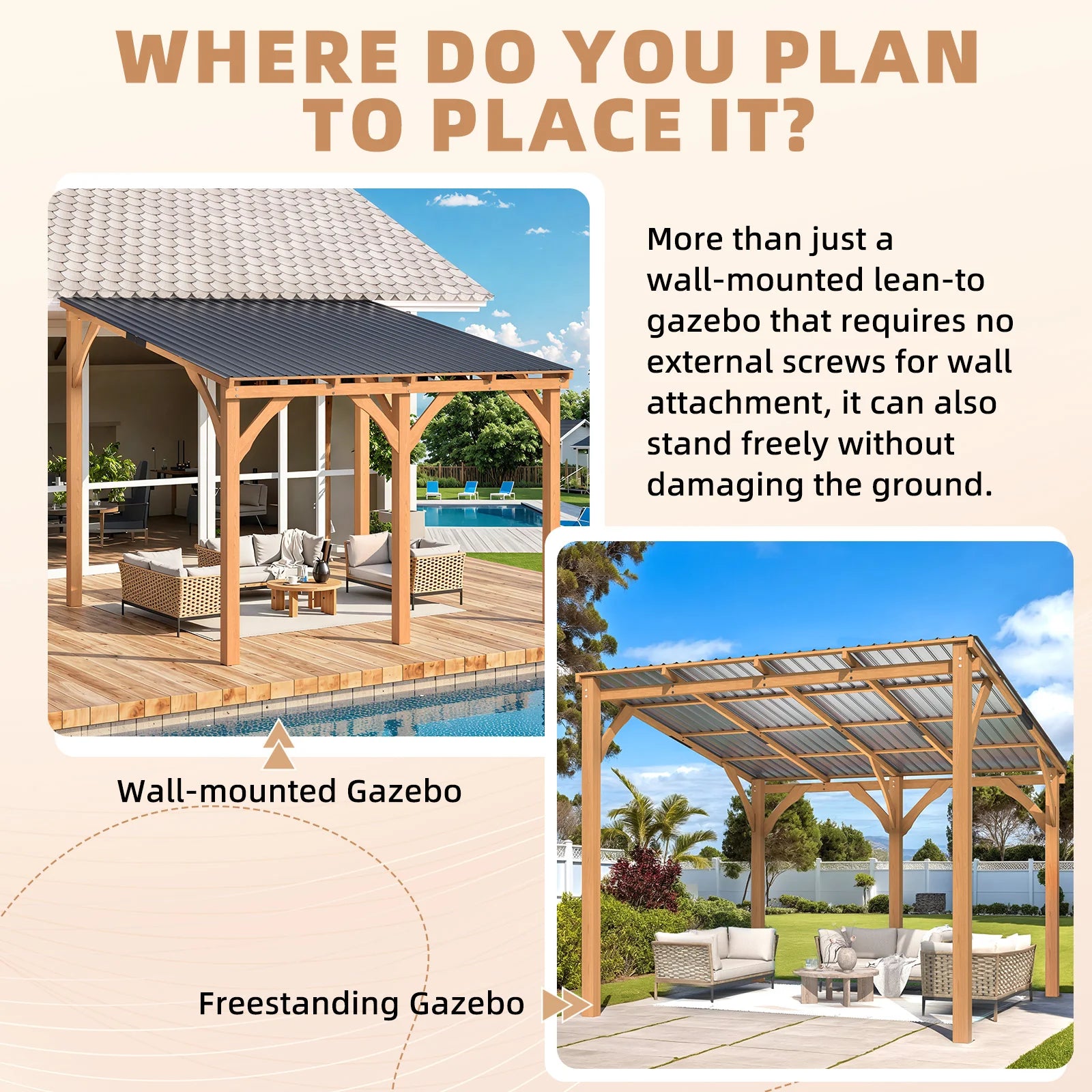 AECOJOY 10' x 10' Outdoor Wooden Gazebo, Patio Lean to Hardtop Pergolas and Gazebos
