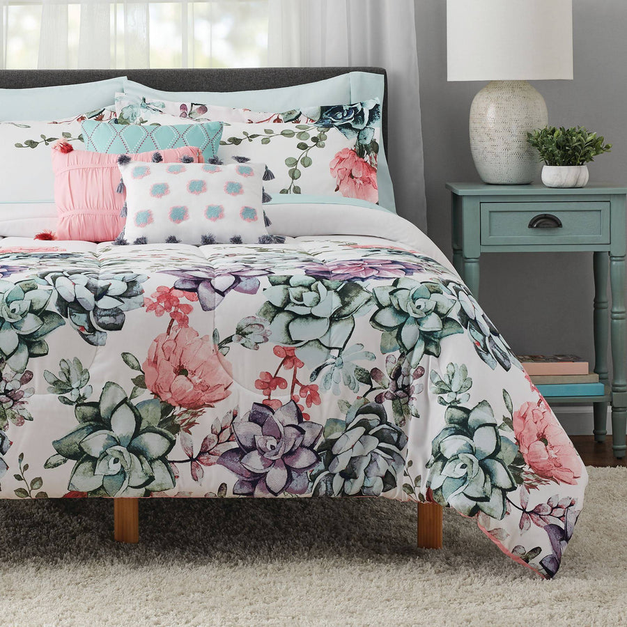Mainstays Jade Floral 10-Piece Bed in A Bag Bedding Set w/Bonus Sheet Set + Pillows Full