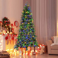 6/7.5 FT Pre-Lit Artificial Christmas Tree, PE/PVC Mixed Tips, Hinged Xmas Tree with Remote, 11 Color-Changing LED Modes, Timer & Metal Stand
