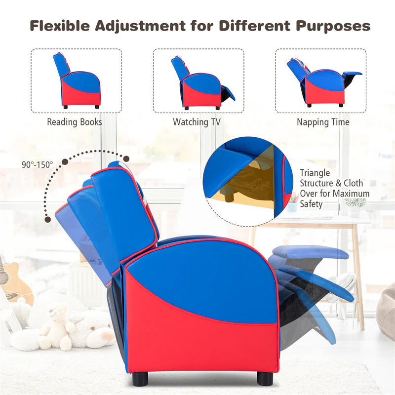 Kids Recliner Chair, Adjustable PU Leather Gaming Sofa with Footrest, Lumbar Support & Side Pockets, Ergonomic Children Lounge Armchair