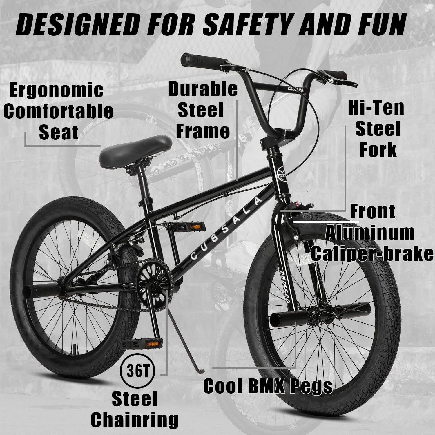 Cubsala 20 in Kids BMX Bike Freestylefor Age 6 - 14 Years Old Boys Girls with 4 Pegs, Black with Red Tires