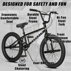 Cubsala 20 in Kids BMX Bike Freestylefor Age 6 - 14 Years Old Boys Girls with 4 Pegs, Black with Red Tires