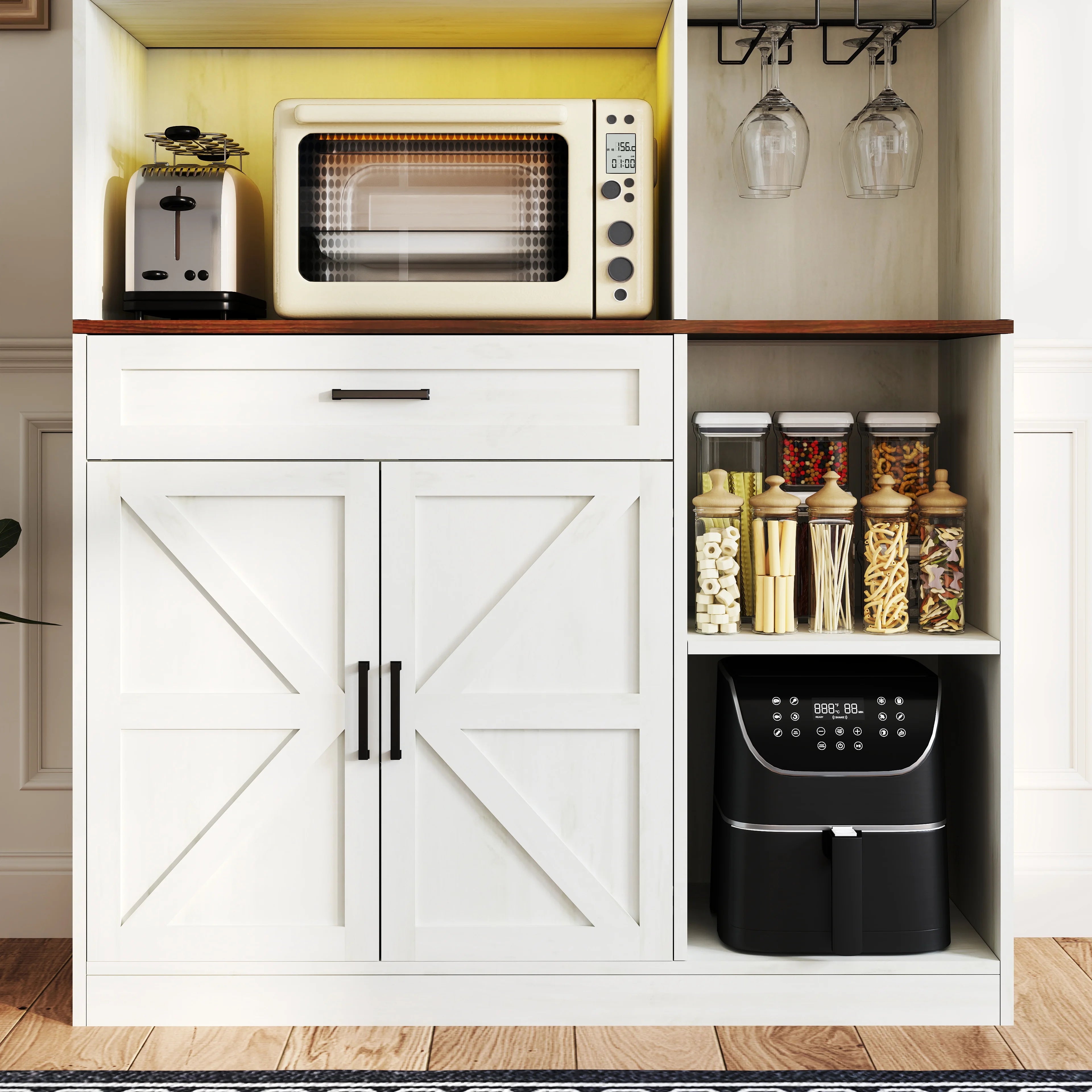 Trumanpick 61"h Large Buffet Sideboard Cabinet, TV Cabinet, Kitchen Pantry for Dining Room, Living Room, 61.3''L x 15''W x 29.8''H, White/Walnut