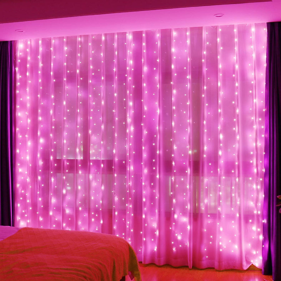 HXWEIYE 300led Pink Fairy Curtain Hanging Lights with Remote 8 Modes Timer for Bedroom, 9.8x9.8ft USB Plug in Christmas Fairy String Lights for