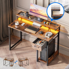 40 in Computer Desk with Power Outlets & LED Lights, Home Office Desk with 3 Drawers & Adjustable Monitor Shelf, , Writing Desk with Storage Bag, Vintage
