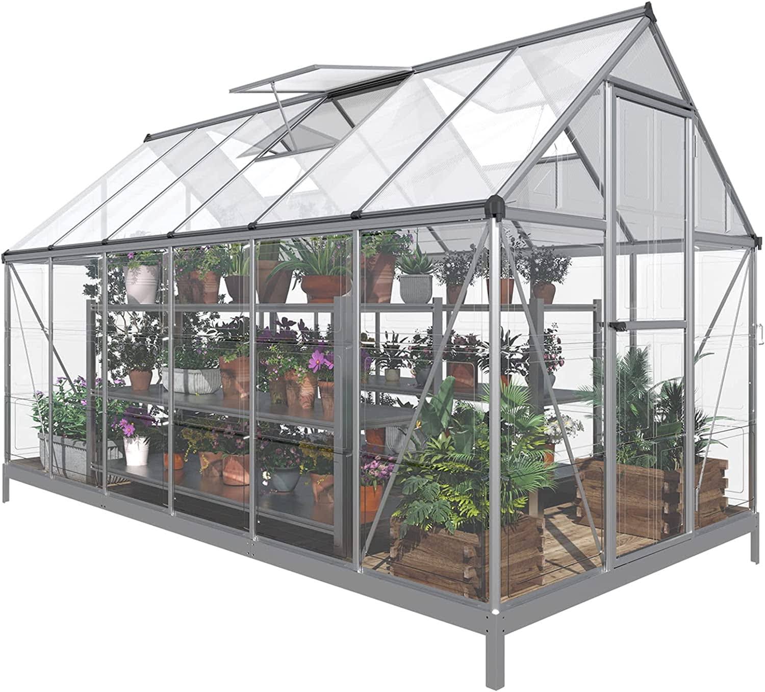 Papajet 6x12 ft Hybrid Polycarbonate Greenhouse with Lockable Hinged Door 2 Vent Window Walk-In Hobby Greenhouse Aluminum Hot House for Outdoor Garden