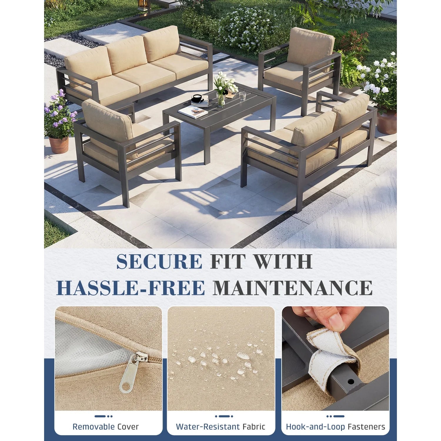 AECOJOY Aluminum Patio Furniture Set, 5 Pieces Outdoor Sectional Sofa Set, Beige