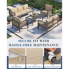 AECOJOY Aluminum Patio Furniture Set, 5 Pieces Outdoor Sectional Sofa Set, Beige