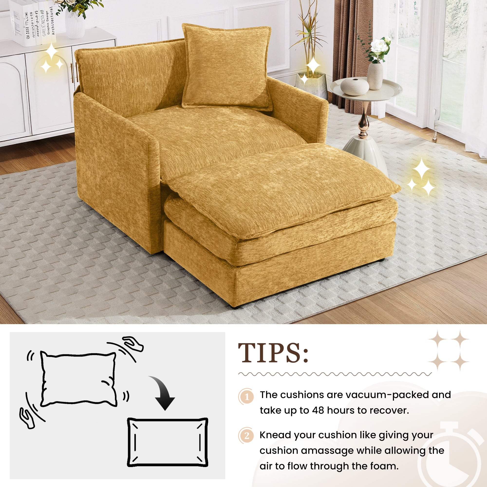 Muumblus Oversized Lounge Chair with Ottoman, Cloud Accent Armchair for Living Room, Beige Chenille