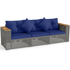 86.5" 3-Seat Patio Wicker Sofa, 3PCS Modular PE Rattan Sectional Furniture Set with Cup Holders & Wood Armrests, Outdoor Couch for Garden Yard