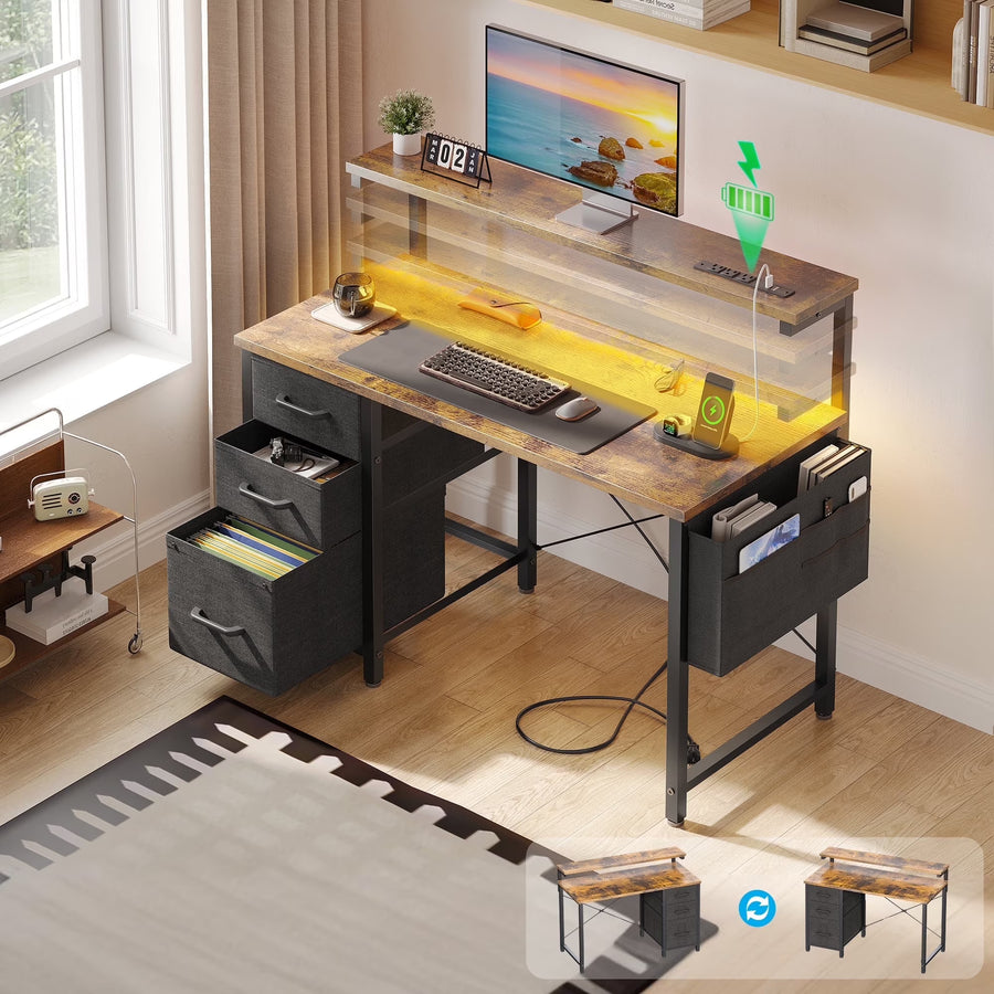 40 in Computer Desk with Power Outlets & LED Lights, Home Office Desk with 3 Drawers & Adjustable Monitor Shelf, , Writing Desk with Storage Bag, Vintage