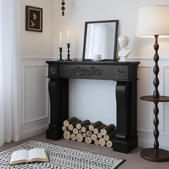 EPICOZY 44.5" Fireplace Mantel, Freestanding Fireplace Surround with Leg for Electric Fireplaces, MDF Mantel Surround with Shelf for Living Room with Decorative Pattern, Anti - Tipping & Waterproof