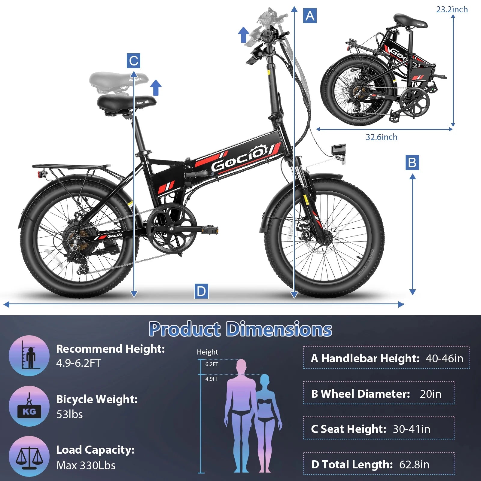 Gocio Foldable Electric Bike for Adults, Peak 750W Electric Mountain Bicycles, 20" * 2.4" Fat Tire Electric Bicycle, 375wh 48V Removable Lithium - Ion Battery, Urban Commuter Ebike Man Woman UL2849