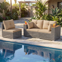 86.5" 3-Seat Patio Wicker Sofa, 3PCS Modular PE Rattan Sectional Furniture Set with Cup Holders & Wood Armrests, Outdoor Couch for Garden Yard