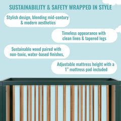 Dream on Me Lucas Mini Modern Crib with Rounded Spindles I Convertible Crib I Mid - Century Meets Modern I Portable Crib