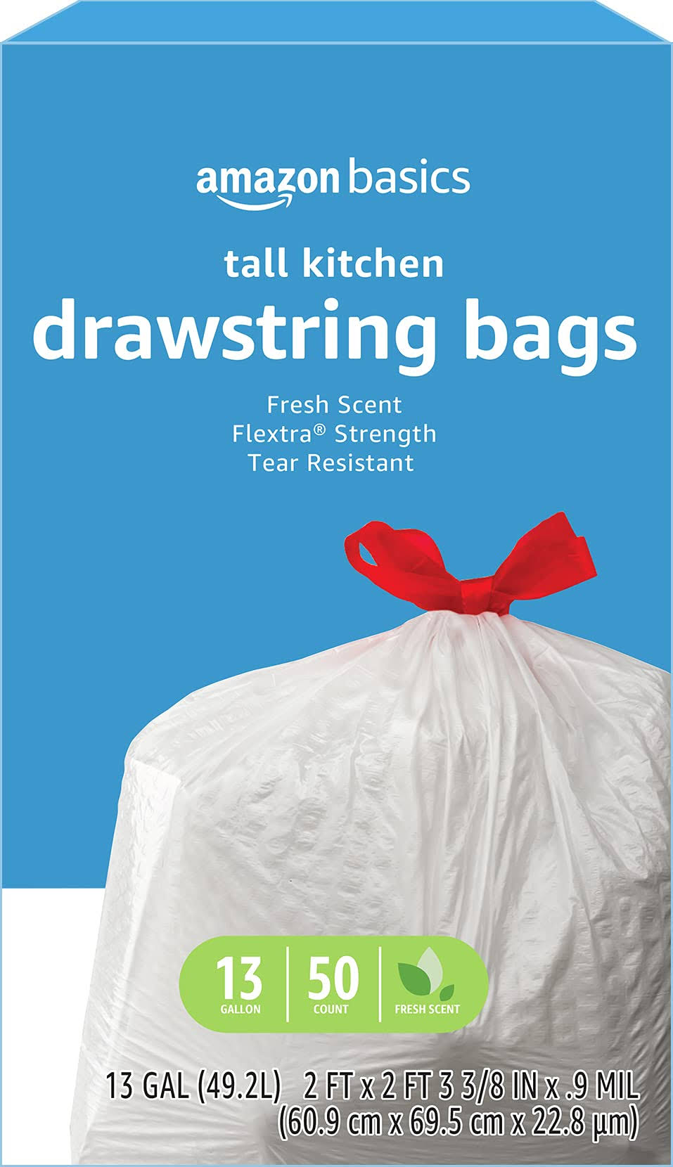 Amazon Basics Basics Flextra Tall Kitchen Drawstring Trash Bags Fresh Scent 13 Gallon 50 Count, White, 50 Count (Pack of 1)
